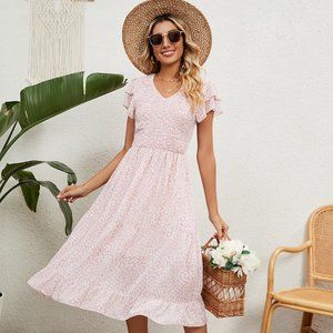 Blush Pink Leopard printed V-Neck Flutter Sleeve Dress